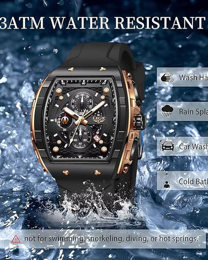 Mens Watches,Unique Rectangular Quartz Analog Watch,Outdoor Sports Multi-Function Watch,Chronograph/Waterproof/Luminous/Calendar,Durable Silicone Strap Mens Casual Watches