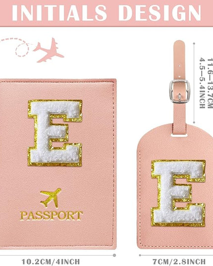 COSHAYSOO Passport Cover and Luggage Tag Set with Her Initial Chenille Letter Patch for Big Little Girls Sister Daughter, Kawaii Travel Bag Backpack Suitcase Identifier Pink E