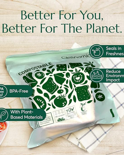 Cleanomic Compostable* Sandwich Size Food Storage Bags (25 Eco Zip) Freezer and Leak Proof, Also Available Gallon, Quart and Snack Size Bags