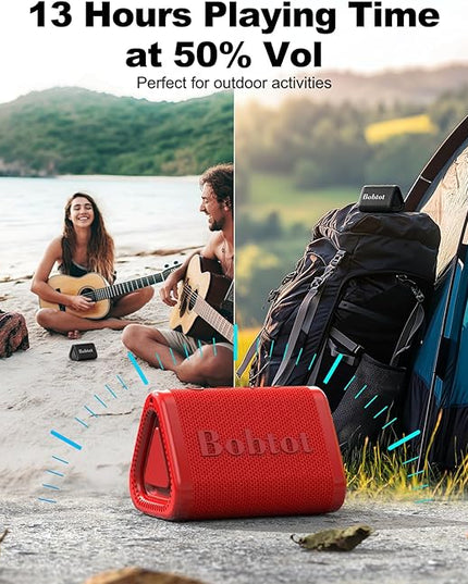 Bobtot Portable Bluetooth Speaker Wireless, IPX7 Small Shower Speaker Waterproof, 15H Playing Time, Loud and Stereo Sound with Bass, TWS Pairing for Party, Camping, Travel, Red