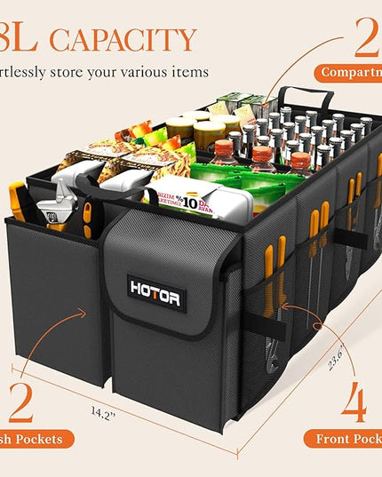 HOTOR Foldable Trunk Organizer - SUVs & Sedans, Sturdy Car Organization With 2 Compartments, Black, 23.6"×14.2"×10.6"