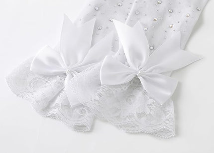 Lace Gloves for Women - Short Bow Rhinestone Tulle Sheer Sparkly Evening Stretchy Gloves for Wedding Opera Party