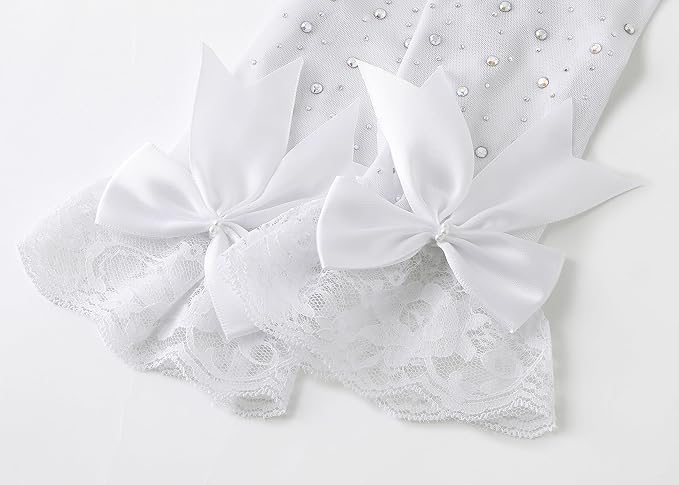 Lace Gloves for Women - Short Bow Rhinestone Tulle Sheer Sparkly Evening Stretchy Gloves for Wedding Opera Party