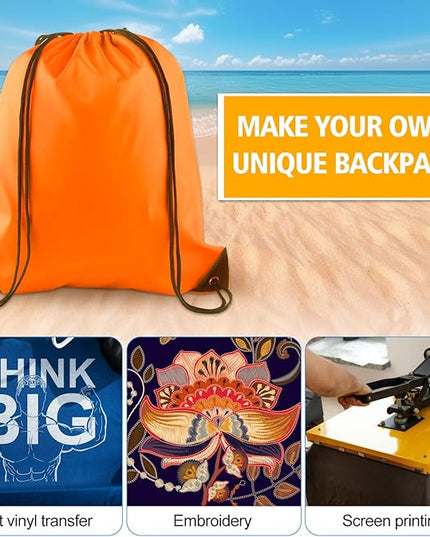 KUUQA 12 Pcs Drawstring Backpack Bags Bulk Orange Drawstring Bag Foldable Gym Bag Sports Cinch Sack String Backpack Storage Bags for Women Men Shopping Gym Travel Sports