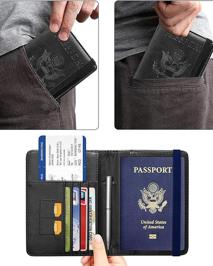 ACdream Passport Holder Cover, Leather Travel Wallet Case, RFID Blocking Document Organizer Protecrtor, with Slots for Credit Cards, Boarding Pass, for Women and Men, Black