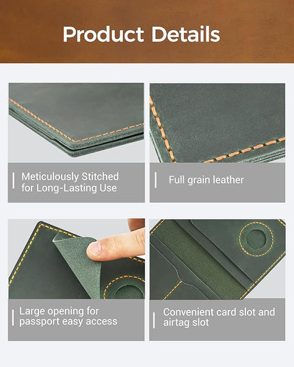 Passport Holder for Travel, Genuine Leather Passport Holder with Airtag, Rfid Passport Wallet Cover Case for Women Men, Travel Essentials Gift, Green