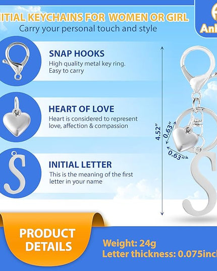 A-Z Heart Initial Letter Keychain, Stainless Steel Alphabet Charm for Handbags, Gift for Women and Girls