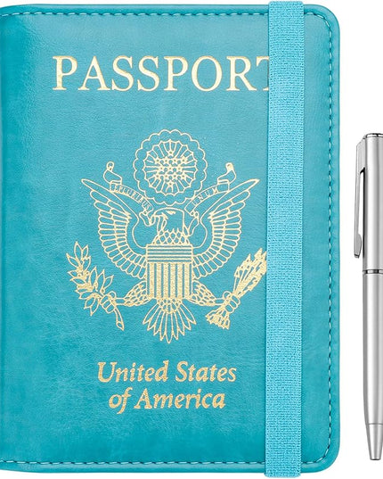 WALNEW Passport Holder for Travel, RFID Passport Cover Wallet for Women Men, PU Leather Passport Book Card Holder Case with Pen, Travelling Essentials for Flying