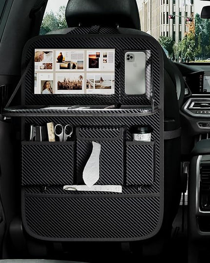 GMQ Back Seat Car Organizer 1 Pack,Backseat Organizer with Tray,Multifunctional Car Seat Back Storage Box with Foldable Tablet Holder (Carbon Black, Weave)