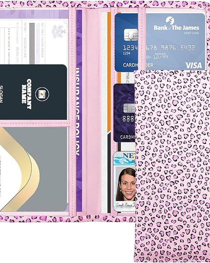 Car Registration and Insurance Holder with Magnetic Closure, Universal Document Organizer for License, Insurance Cards & Glove Box Storage (Leopard-Pink)