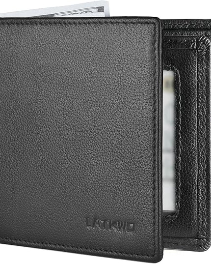 LATKWO Mens Wallet - Genuine Leather Bifold RFID Blocking Slim Front Pocket Large Capacity with 10 Card Slots, 2 ID Windows & 2 Cash Pockets - Heavy Duty Stitched Gift for Men (Black)