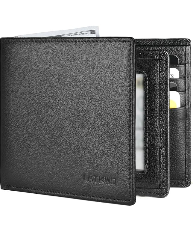LATKWO Mens Wallet - Genuine Leather Bifold RFID Blocking Slim Front Pocket Large Capacity with 10 Card Slots, 2 ID Windows & 2 Cash Pockets - Heavy Duty Stitched Gift for Men (Black)