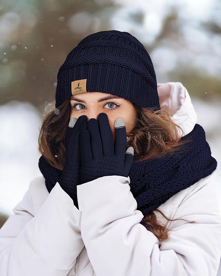 Winter Beanie Hat Scarf Gloves, Warm Fleece Knit Hats Touch Screen Gloves Neck Scarf Set Winter Gifts for Unisex Adult