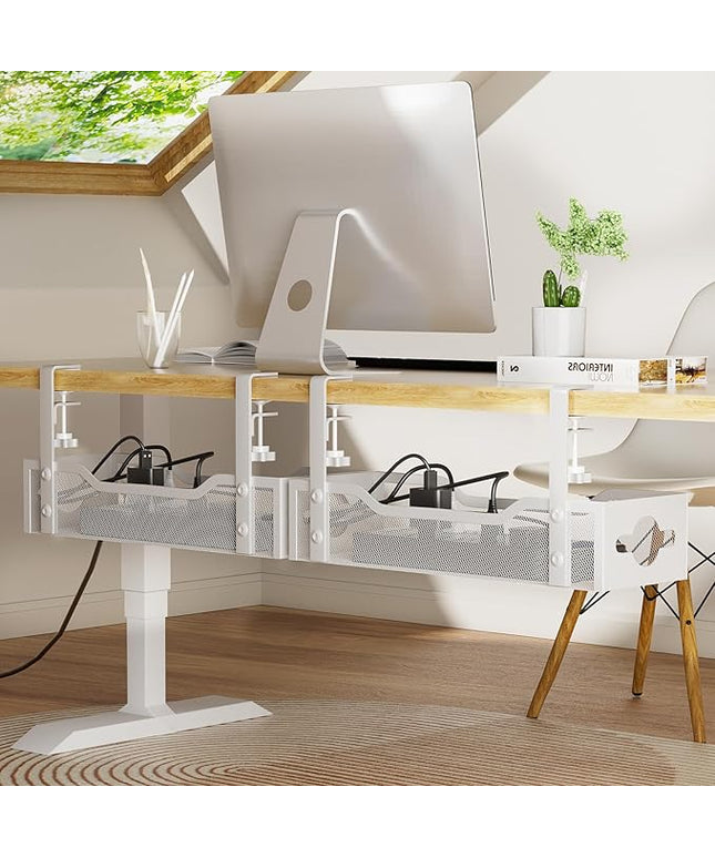Under Desk Cable Management Tray 2 Pack, No Drill Cable Organizer With Clamp for Standing Desk, Easy to Install Cord Management System, No Damage Wire Organizer