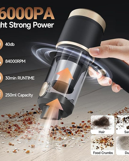 Car Vacuum Portable Cordless, Hand Vacuum with 16000PA High Power, 7 in 1 Mini Car Vacuum Cleaner with One-Click Empty, Dual Hepa Filter, LED Light, Type-C Charging Small Handheld Vac