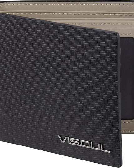 VISOUL Mens Carbon Fiber Leather Bifold Wallet with 2 ID Windows, RFID Blocking Wallet with 2 Money Compartments, Stylish Two-tone Back Pocket Wallet for Men (Black+Light Gray)
