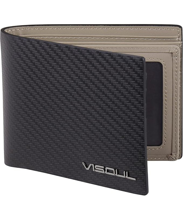 VISOUL Mens Carbon Fiber Leather Bifold Wallet with 2 ID Windows, RFID Blocking Wallet with 2 Money Compartments, Stylish Two-tone Back Pocket Wallet for Men (Black+Light Gray)