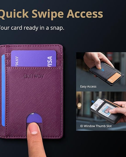 Buffway Slim Minimalist Front Pocket RFID Blocking Leather Wallets for Men and Women - Cross Purple