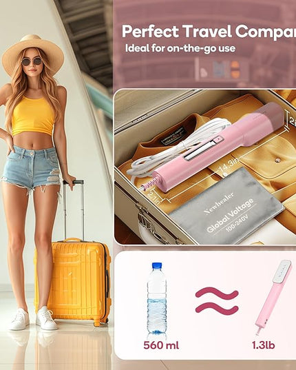 Newbealer 2in1 Travel Iron with Global Voltage, 100-240V Clothes Steamer, Dry Ironing & 2 Steam Levels, Non-Stick Ceramic Soleplate, Fabric Wrinkle Remover, Auto-off, Self Cleaning, No Clamp (Pink)