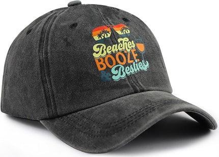 Beaches Booze & Besties Hat for Women, Vintage Adjustable Cotton Beach Baseball Cap