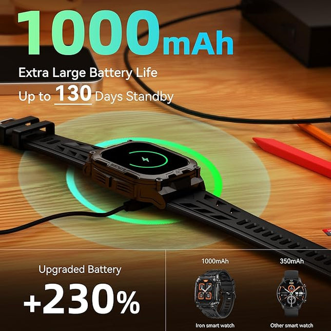 AMAZTIM Smart Watch for Men, 130 Days Extra-Long Battery, 1.96" Full Metal Rugged Military Watch, 50M Waterproof, Flashlight, 24/7 Heart Rate Sleep Monitor, Answer/Dial Calls, for Android & iOS