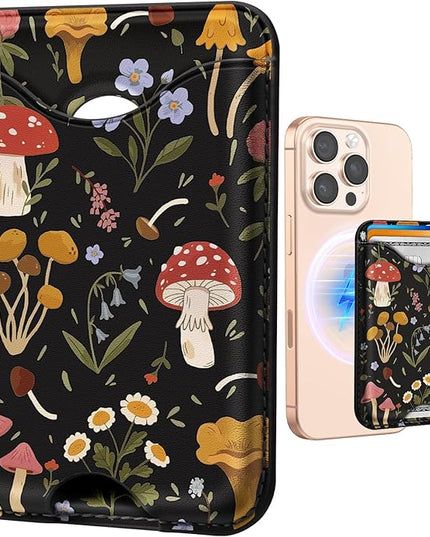 Shorogyt Compatible with Magsafe Wallet Magnetic Card Holder - Mushroom Plant Phone Wallets for Women Teen Girls Cute for iPhone 17/16/15/14/13/12 Series Slim for Apple Mag RFID Magnet, Fit 3 Cards