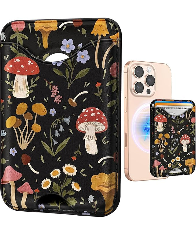 Shorogyt Compatible with Magsafe Wallet Magnetic Card Holder - Mushroom Plant Phone Wallets for Women Teen Girls Cute for iPhone 17/16/15/14/13/12 Series Slim for Apple Mag RFID Magnet, Fit 3 Cards