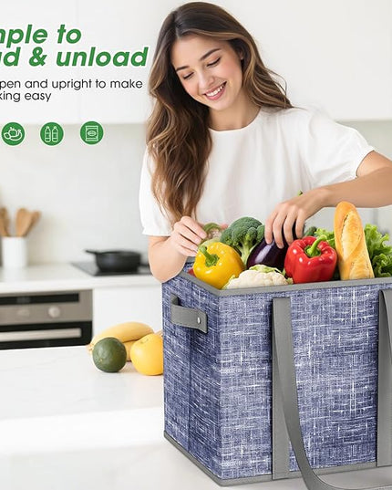 Fab totes Reusable Grocery Bags, Large Foldable Shopping Tote Bags with Reinforced Handles & Hard Bottom,4 Pack,Blue