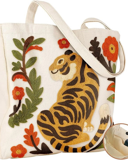 Embroidery Canvas Tote Bag for Women - Reusable Totes with Pocket & Buckle Aesthetic Cute Grocery Shoulder Bag
