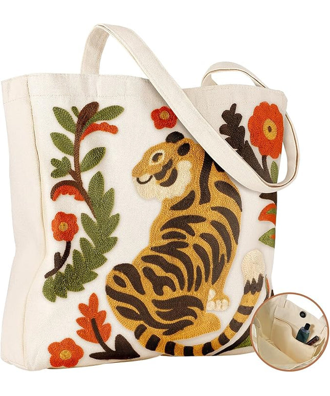 Embroidery Canvas Tote Bag for Women - Reusable Totes with Pocket & Buckle Aesthetic Cute Grocery Shoulder Bag
