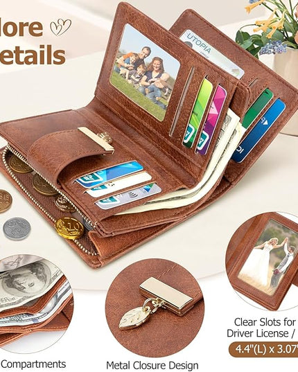 HUANLANG Small Wallets for Women Rfid Blocking Leather Bifold Credit Card Holder Ladies Wallet Zipper Pocket with ID Window