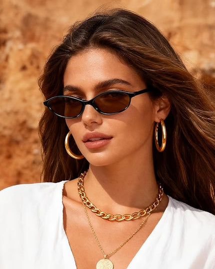 FEISEDY Retro Oval Cat Eye Sunglasses for Women 90s Narrow Lightweight Shades Y2k Trendy Sunnies B0257