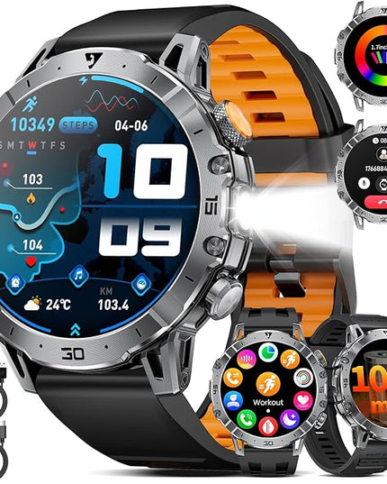 LIGE Smart Watches for Men 1000mAh Battery/LED Flashlight/3 Straps, 1.7" Ultra HD Screen Outdoor Smartwatch with 111 Sports Modes, Bluetooth Call 5ATM Waterproof Fitness Tracker Android iOS,Silicone