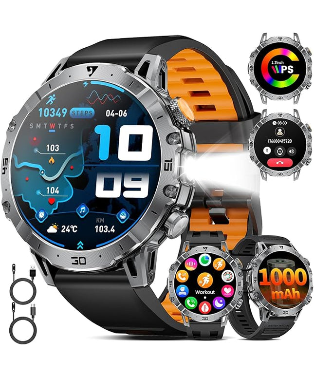LIGE Smart Watches for Men 1000mAh Battery/LED Flashlight/3 Straps, 1.7" Ultra HD Screen Outdoor Smartwatch with 111 Sports Modes, Bluetooth Call 5ATM Waterproof Fitness Tracker Android iOS,Silicone