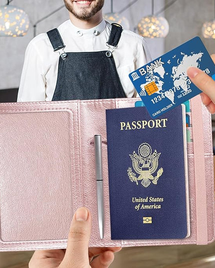 ACdream Passport and Vaccine Card Holder Combo, Cover Case with CDC Vaccination Card Slot, Leather Travel Documents Organizer Protector, with RFID Blocking, for Women and Men, AA-Rose Gold, Compact