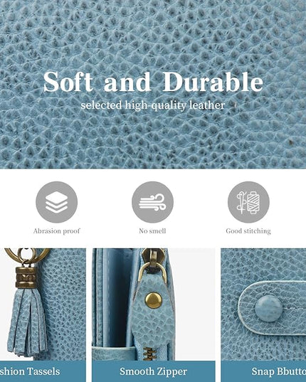 Blucoay Leather Wallet Women,RFID Blocking Small Wallet for Women Compact Card Holder Bifold Tassel Wallet Coin Purse With ID Window lzblue