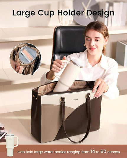 LOVEVOOK Laptop Bag for Women,15.6 Inch Work Teacher Bags Leather Tote Bag for Women Briefcase for Women Waterproof Computer Bag for Women，White Chestnut Curry