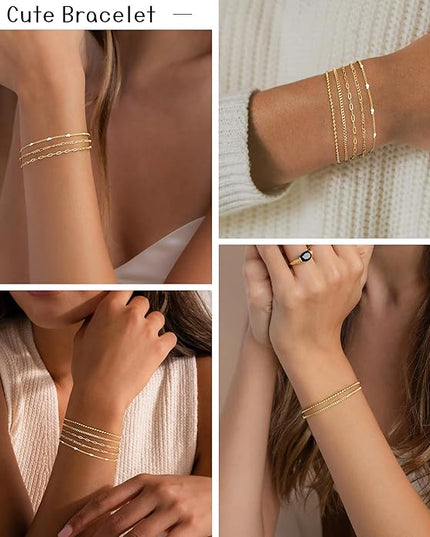 Gold Bracelets Set for Women Stack, Dainty Thick Bracelets Stack for Women Trendy, Simple Thin Gold Plated Cuff Stackable Bracelets With Beaded Cuban Paperclip Snake Rope Bangle Hand Chain Jewelry Gifts for Women Non Tainish