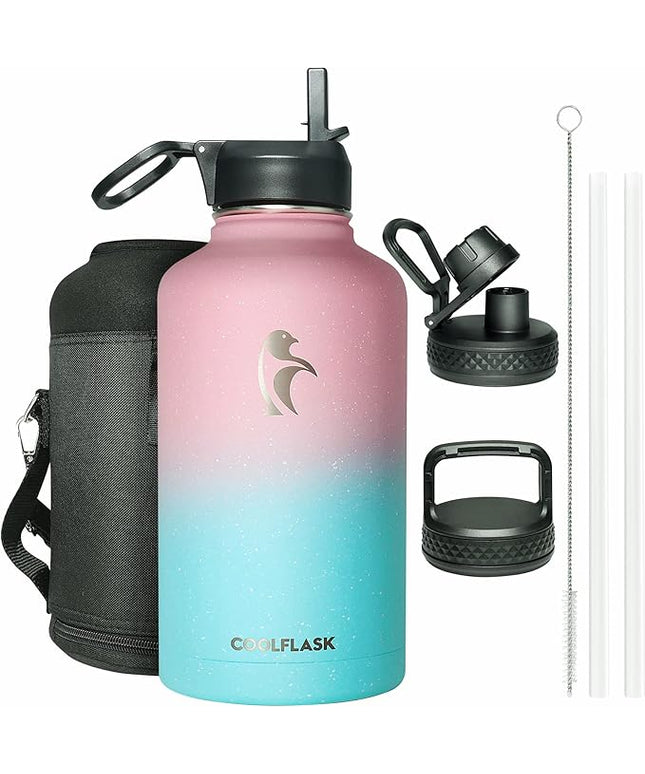 64 oz Water Bottle Insulated with Straw&3 Lids, Coolflask Half Gallon Water Jug Galaxy Large Metal Stainless Steel Vacuum flask for Gym, Sports and Travel, Keep Cold 48H Hot 24H, Blooming Cherry