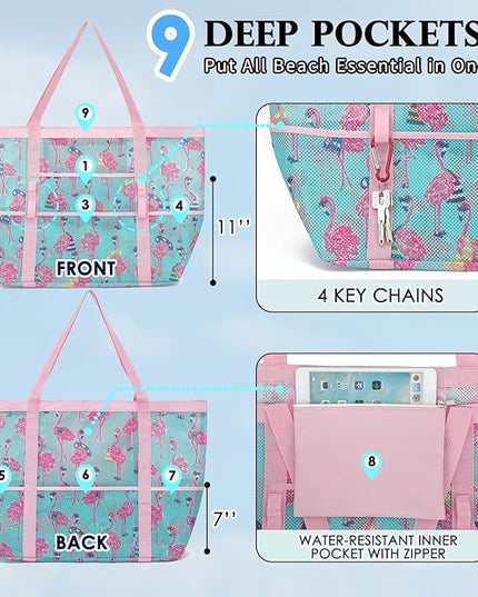 Mesh Beach Bag, Large Beach Tote with Zipper Pocket, Toys Pool Bag for Family Travel Vacation Cruise Essentials