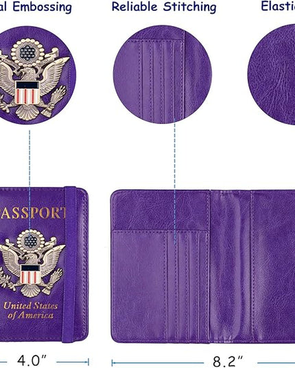 TOURSUIT RFID Blocking Passport Holder for Women Men, Leather Passport Travel Wallet with Metal 3D Metal Badge, Travel Document Holder Cover Accessories (Purple)