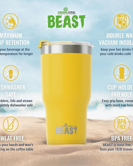 Beast 30 oz Tumbler Stainless Steel Vacuum Insulated Coffee Ice Cup Double Wall Travel Flask (Lemon)