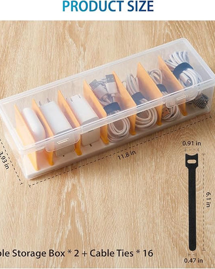 2 Pack Cable Organizer Storage Box with 16 Cable Ties, Clear Phone Charger Organizer Case Wire Organizers for Cords Electronic Storage Box for Drawer Desk Office Home