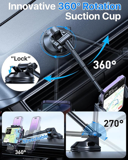 HTU [2026 True Military-Grade] Car Phone Holder [Upgraded Strongest Suction & Clip] Cell Phone Mount for Dashboard Windshield Vent,Truck Cradle Stand for iPhone 16 Pro Max Samsung Android (Black)