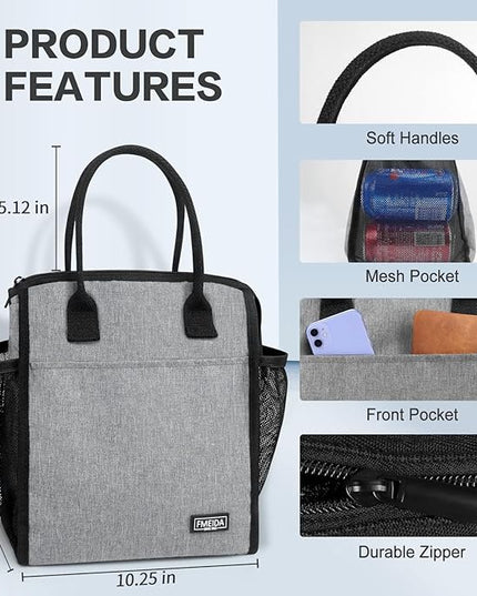 Fmeida Insulated Lunch Bags for Women Men Reusable Lunch Box Bag Lunch Tote Bag with Front&Side Pockets Leakproof Thermal Lunch Cooler for Work Picnic Beach Travel