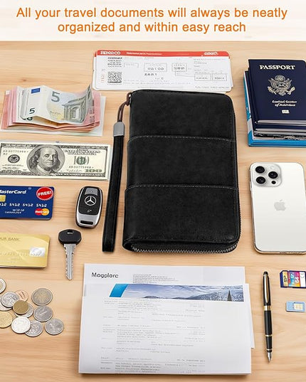 Family Passport Holder Wallet with Zipper, RFID Blocking Travel Document Organizer, PU Leather Passport Wallet for Women Men, Passport Cover Travel Wallet for Boarding Pass, ID, Money, Tickets
