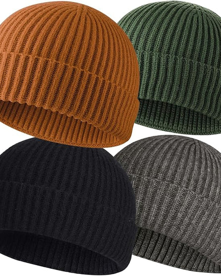 ROYBENS 4 Pack Wool Fisherman Beanies for Men, Knit Short Watch Cap Winter Warm Hats