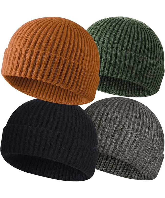 ROYBENS 4 Pack Wool Fisherman Beanies for Men, Knit Short Watch Cap Winter Warm Hats