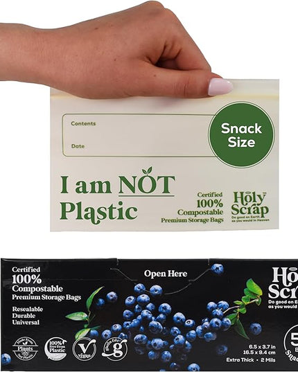 Compostable Snack Size Storage Bags - 6.5 x 3.7in, 50 Pack | Eco Plastic-Free, Strong & Zip Seal Reusable Food Bags | BPI Certified & Freezer Safe | Lunch Box & Travel Essential