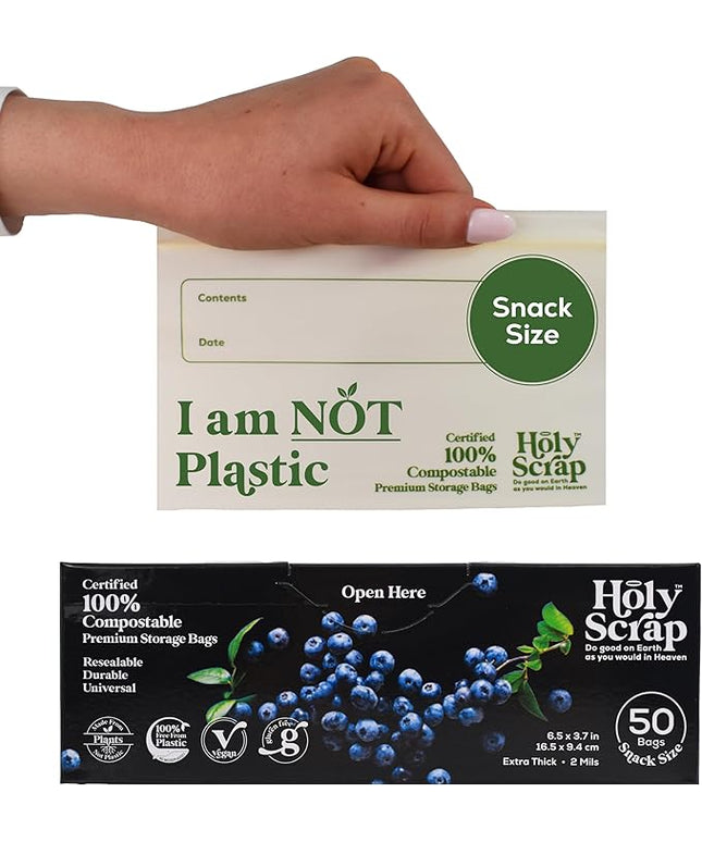 Compostable Snack Size Storage Bags - 6.5 x 3.7in, 50 Pack | Eco Plastic-Free, Strong & Zip Seal Reusable Food Bags | BPI Certified & Freezer Safe | Lunch Box & Travel Essential